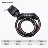 1200*12mm 5 Digit Combination Bicycle Cable Lock