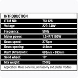 250L Electric Concrete Mixer with 1.5HP Motor and Two Blades